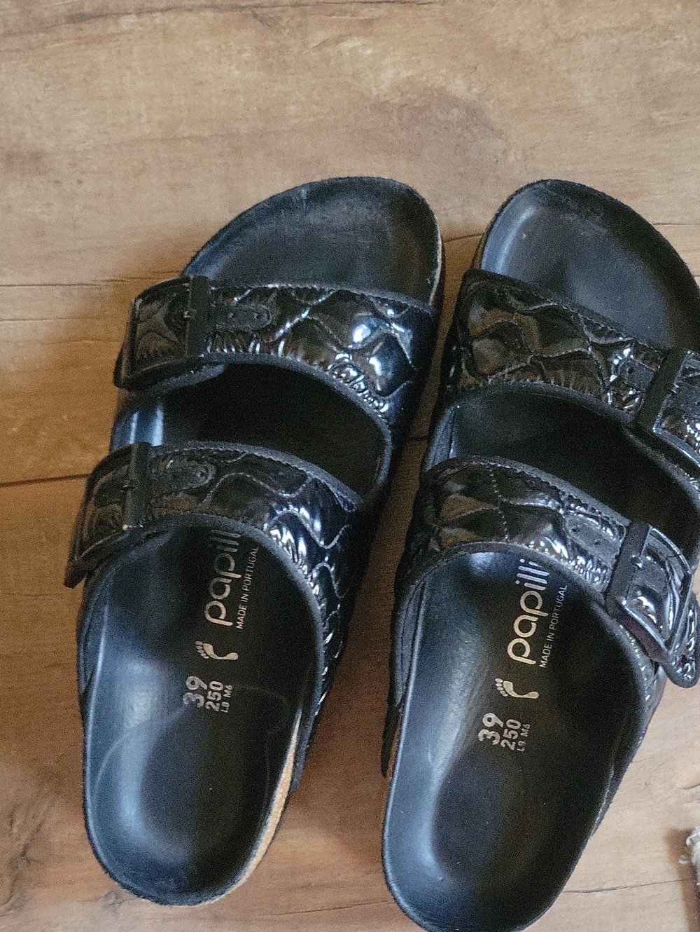 Papillio Ladies Black Quilted Patent Slide Sandals with Cork Trim - Picture 3 of 9